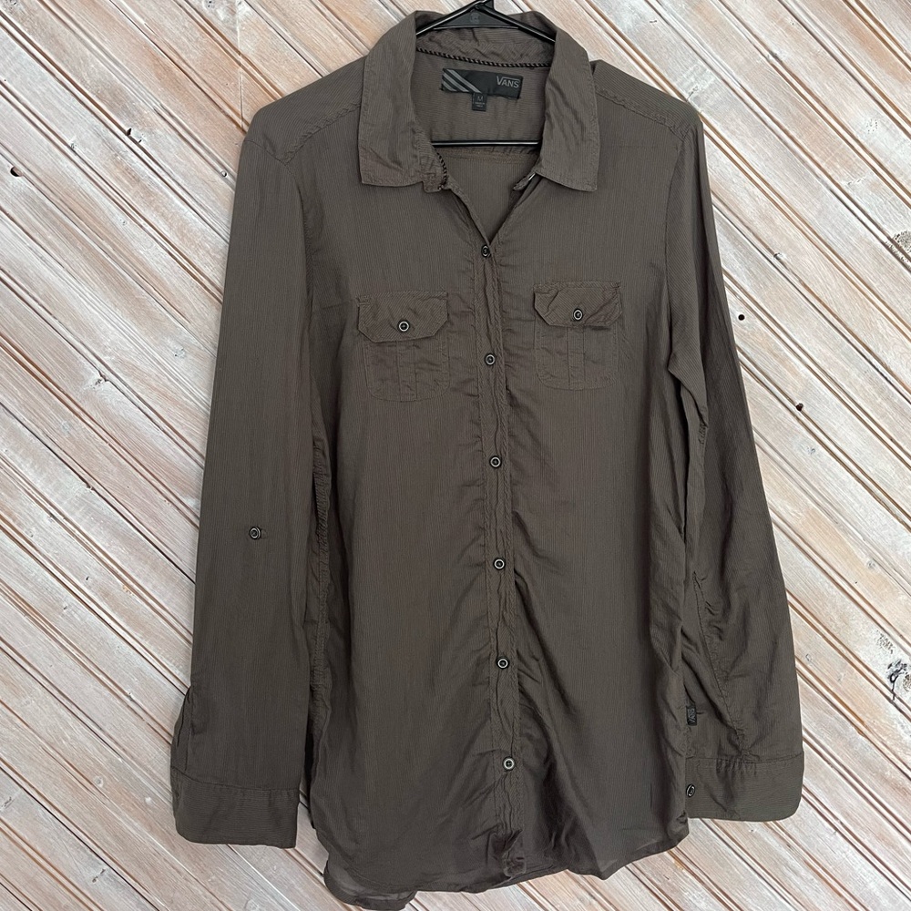 Vans Dark Brown Sheer Casual Button Down Shirt Adjustable Sleeve Length Board